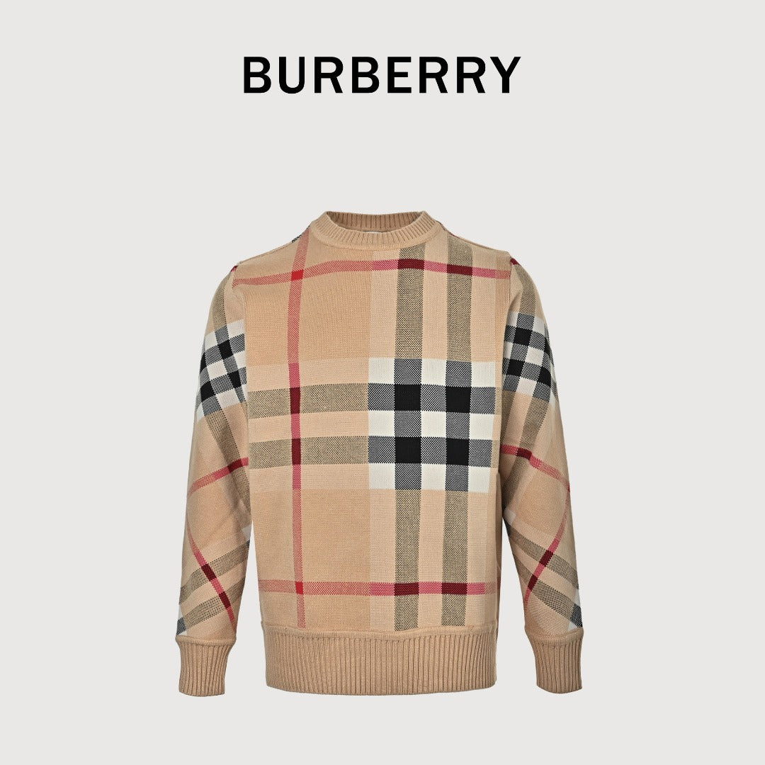 Burberry Beige Check Crewneck Knit Sweater