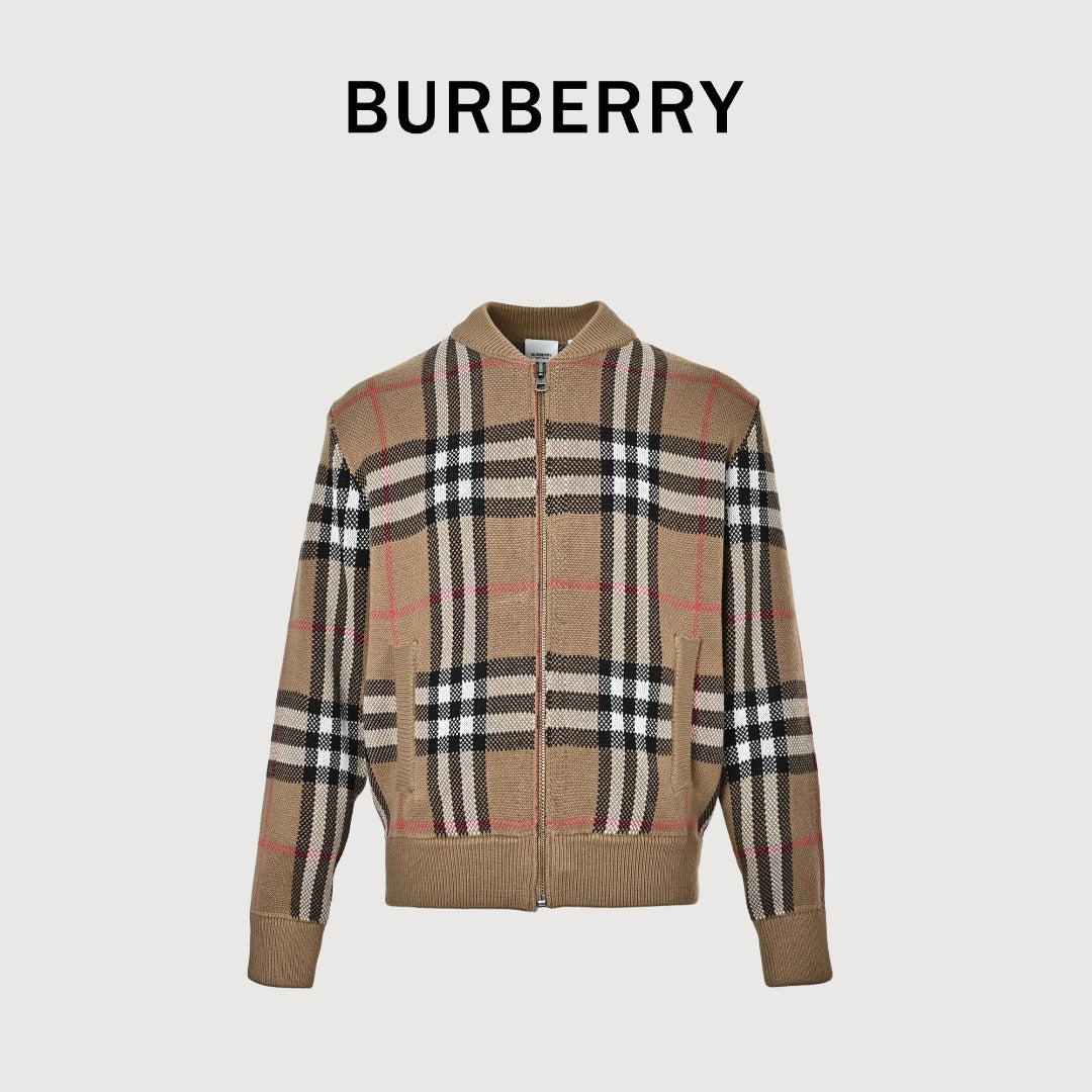 Burberry Camel Large Check Zip-Up Knit Cardigan