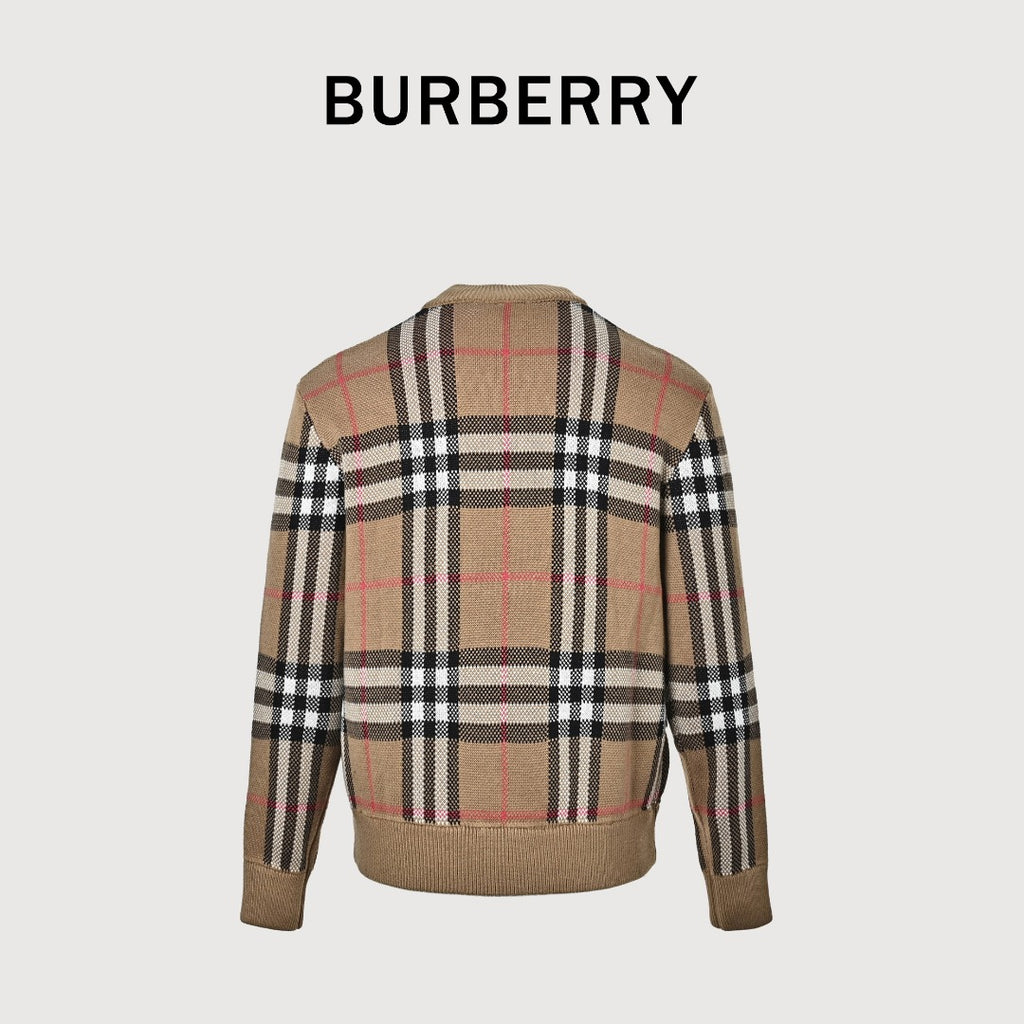 Burberry Camel Large Check Zip-Up Knit Cardigan
