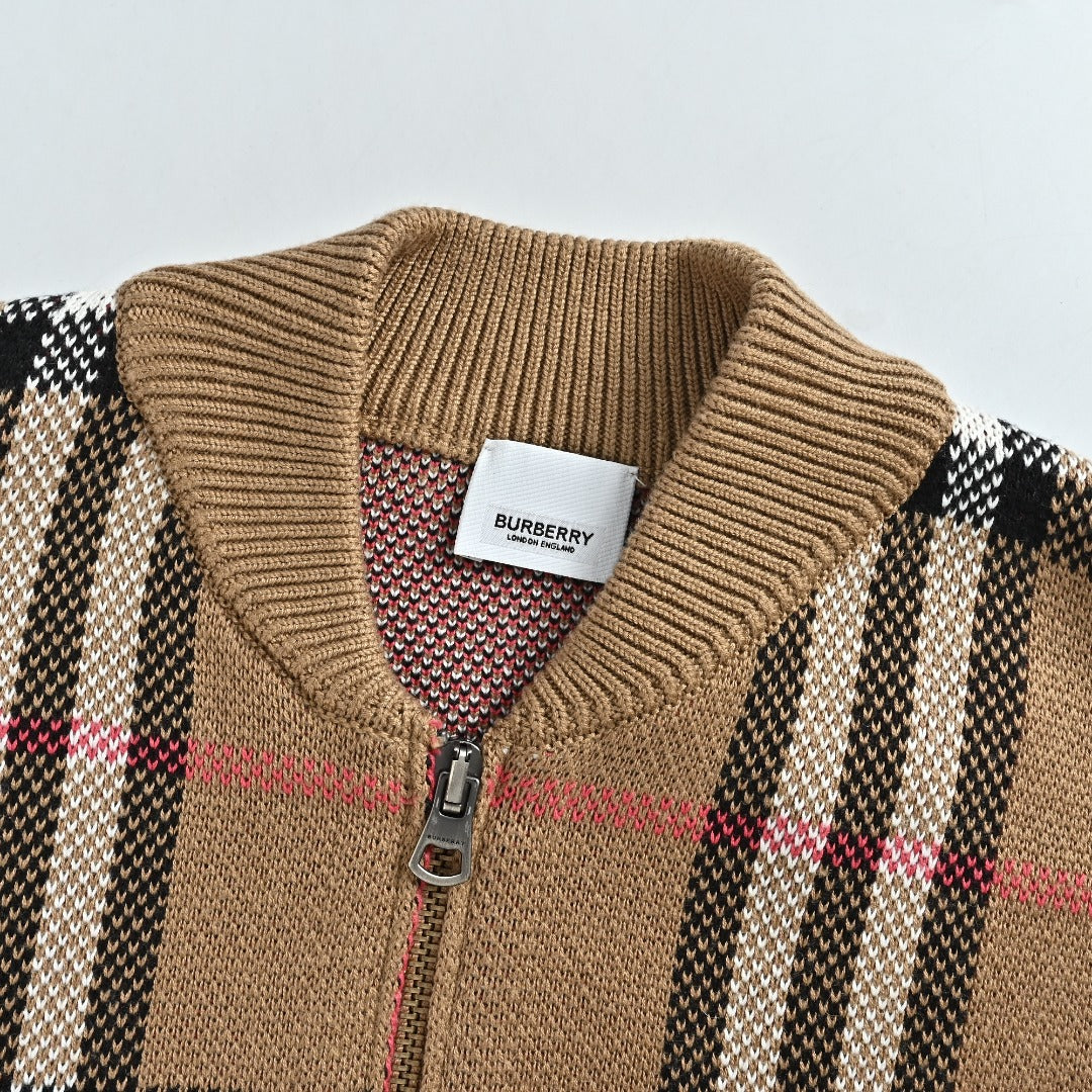 Burberry Camel Large Check Zip-Up Knit Cardigan