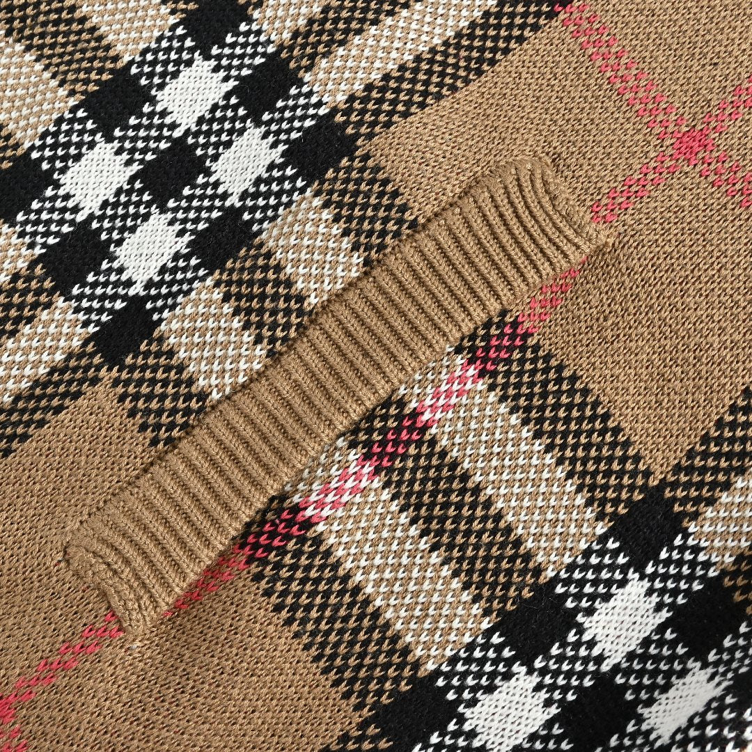 Burberry Camel Large Check Zip-Up Knit Cardigan