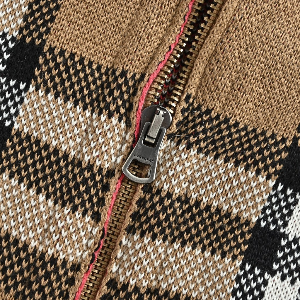 Burberry Camel Large Check Zip-Up Knit Cardigan