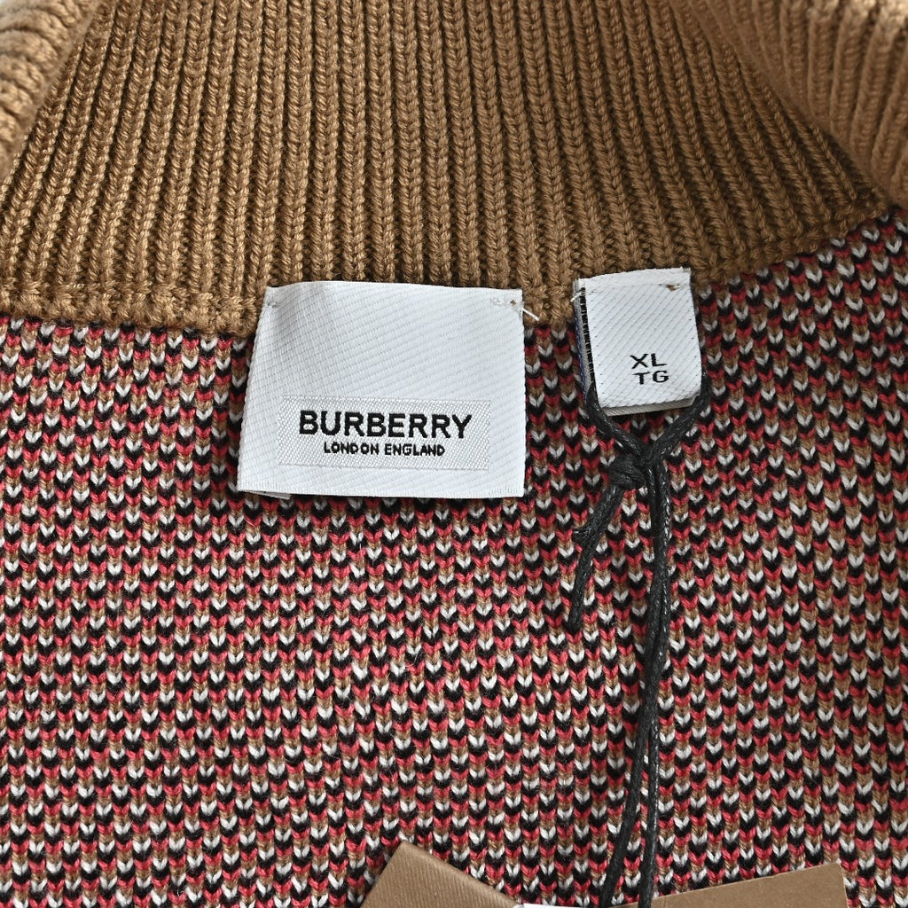 Burberry Camel Large Check Zip-Up Knit Cardigan
