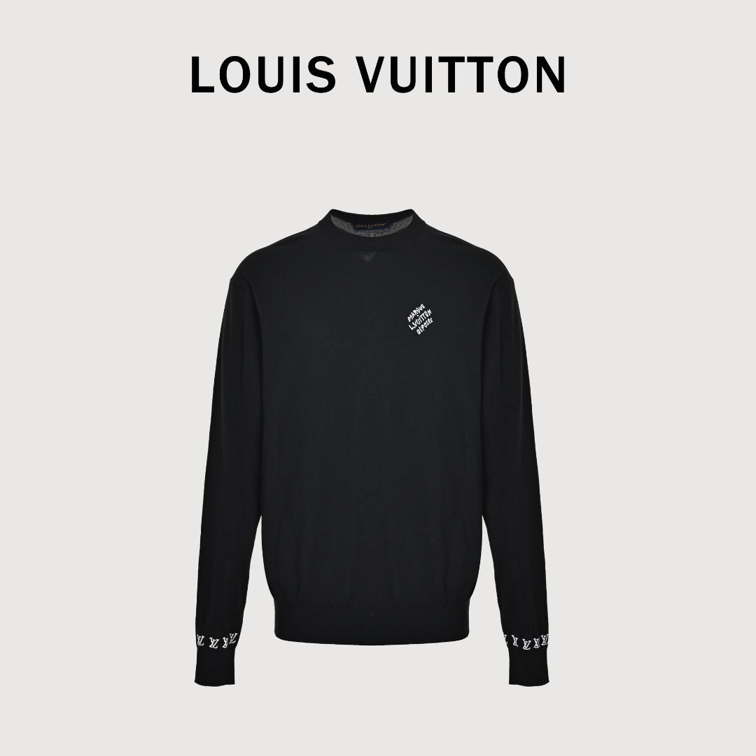 Louis Vuitton Black Cotton Crewneck Sweater with Embroidered Sleeve Lettering