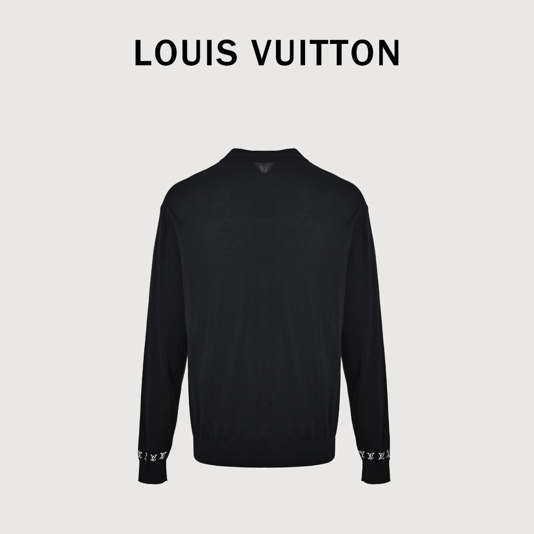 Louis Vuitton Black Cotton Crewneck Sweater with Embroidered Sleeve Lettering