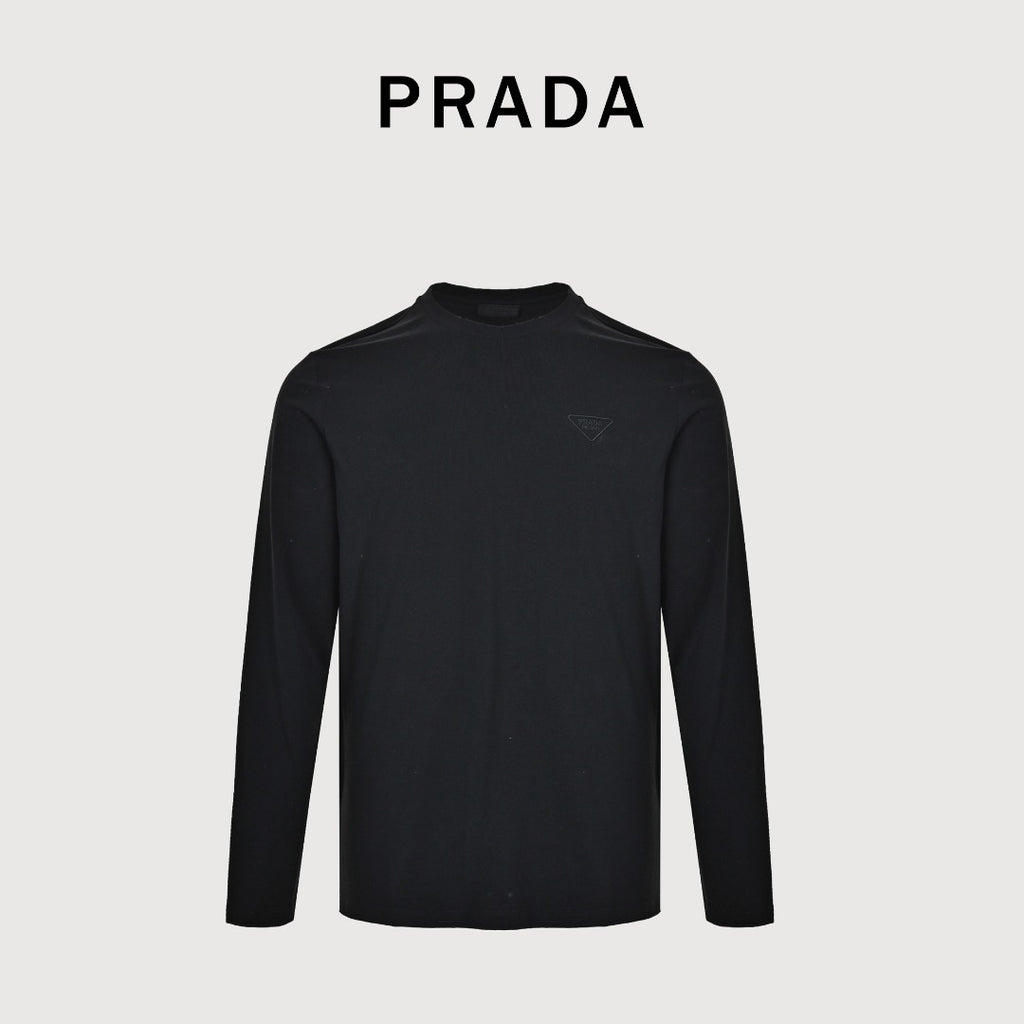 Prada Black Triangle Embroidered Stretch Cotton Long-Sleeve T-Shirt
