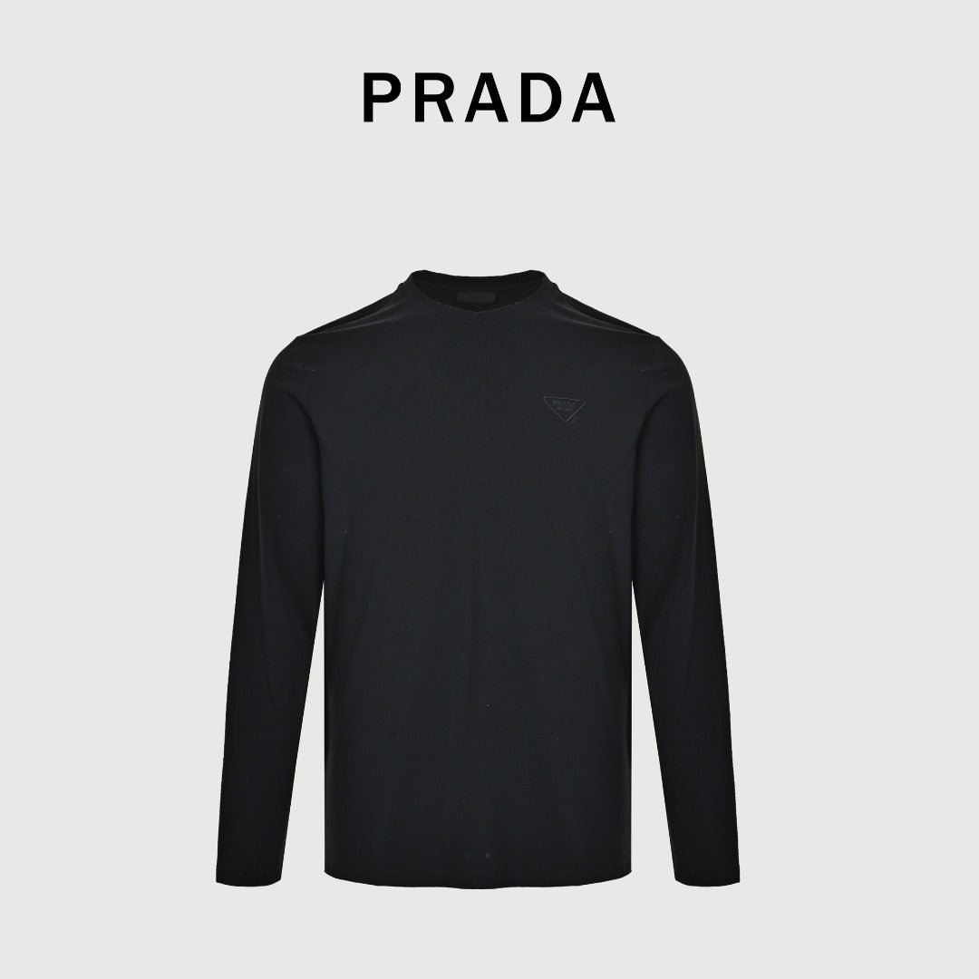 Prada Black Triangle Embroidered Stretch Cotton Long-Sleeve T-Shirt