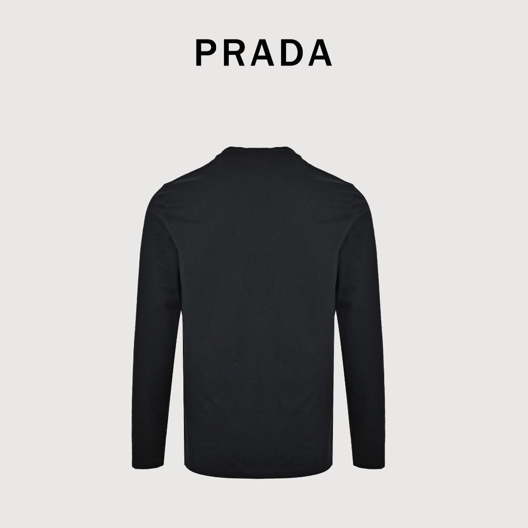Prada Black Triangle Embroidered Stretch Cotton Long-Sleeve T-Shirt