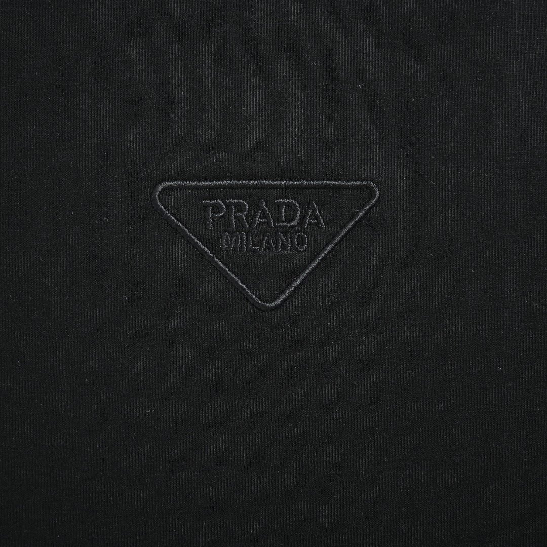 Prada Black Triangle Embroidered Stretch Cotton Long-Sleeve T-Shirt