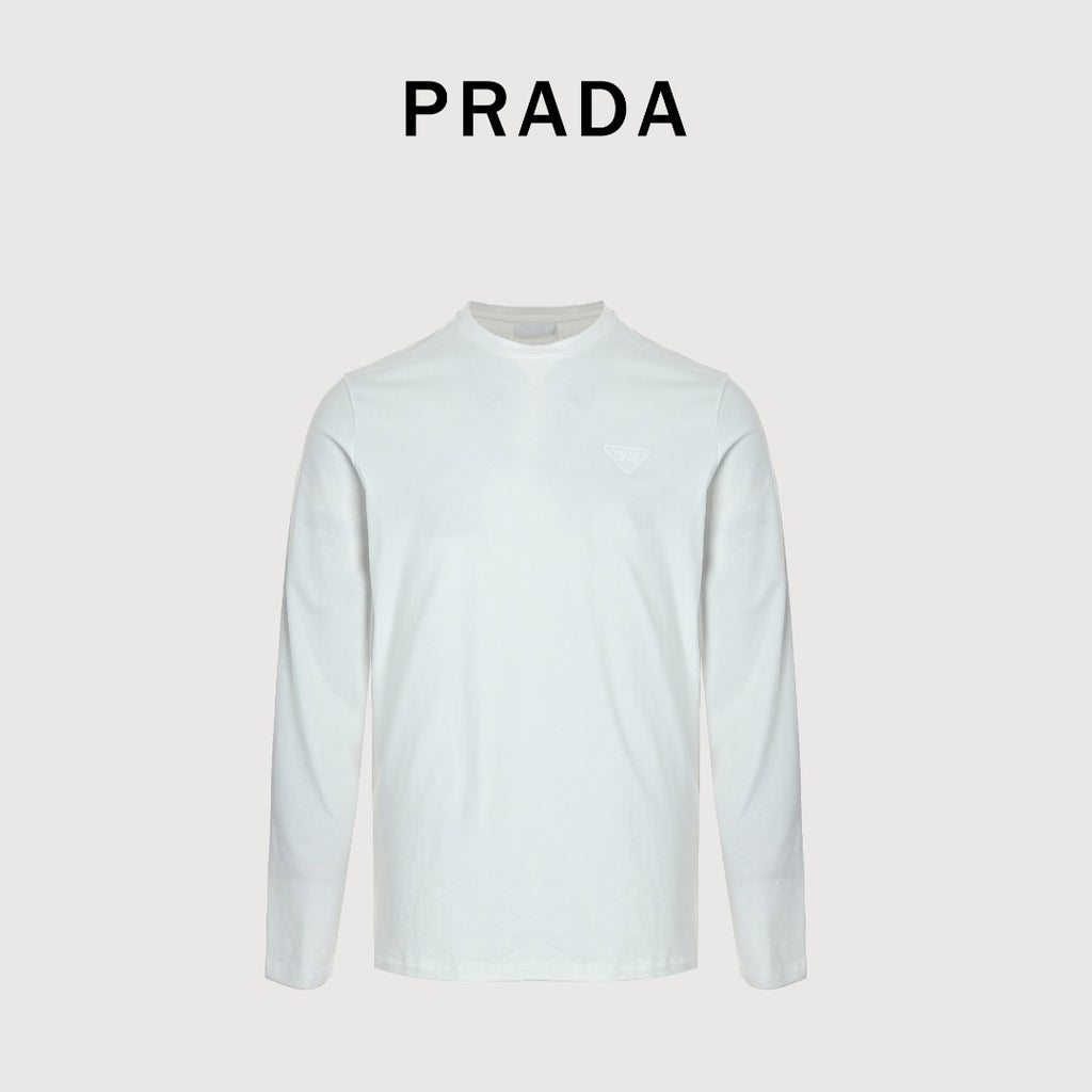 Prada White Triangle Embroidered Stretch Cotton Long-Sleeve T-Shirt
