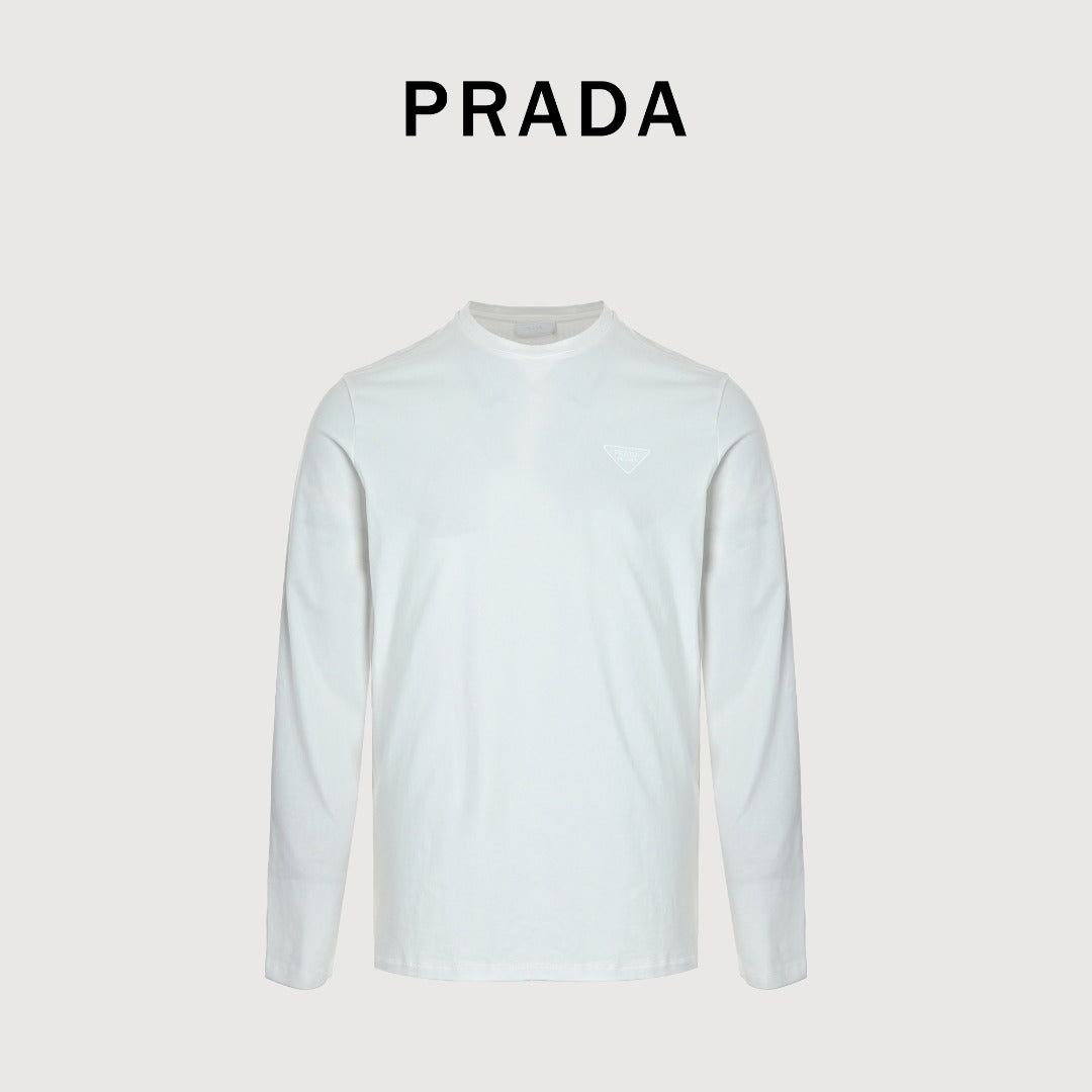 Prada White Triangle Embroidered Stretch Cotton Long-Sleeve T-Shirt