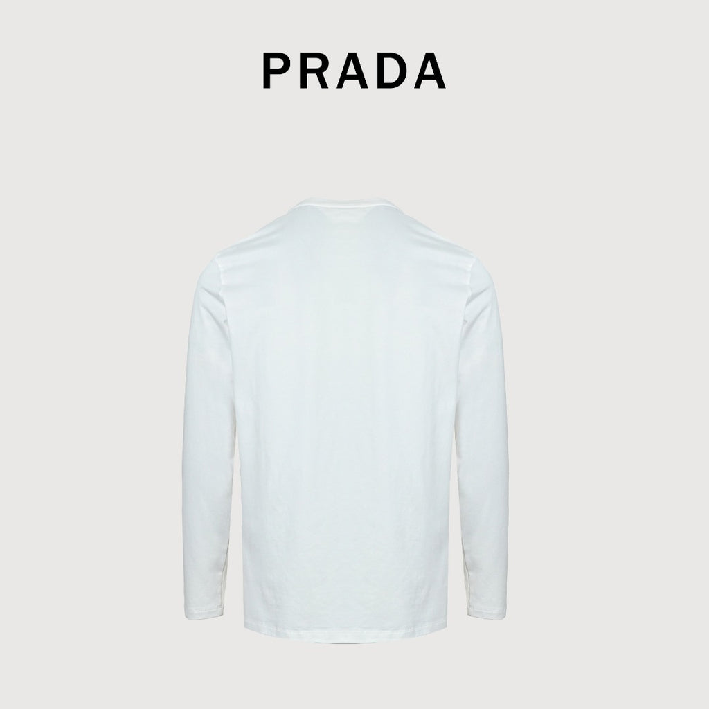 Prada White Triangle Embroidered Stretch Cotton Long-Sleeve T-Shirt