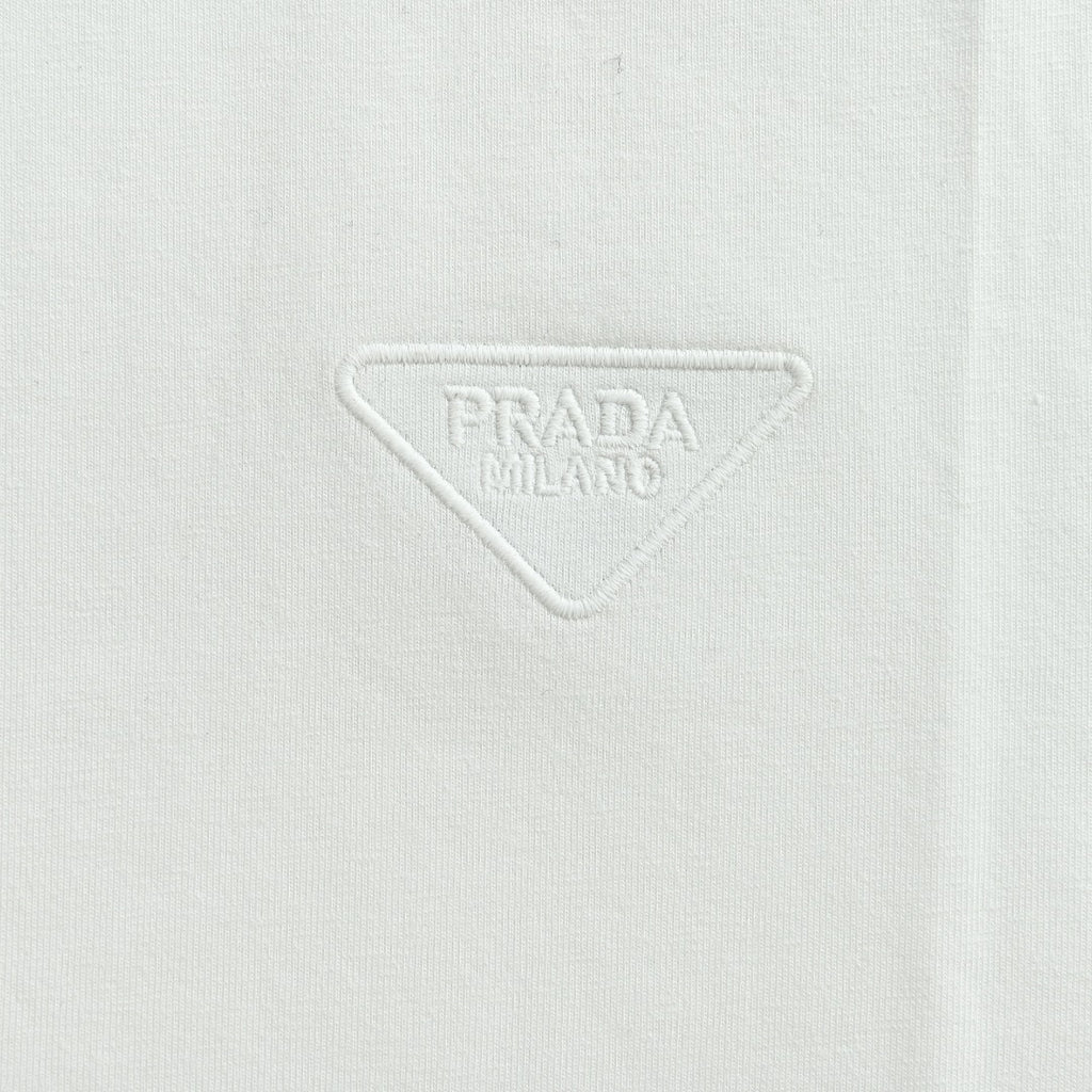 Prada White Triangle Embroidered Stretch Cotton Long-Sleeve T-Shirt