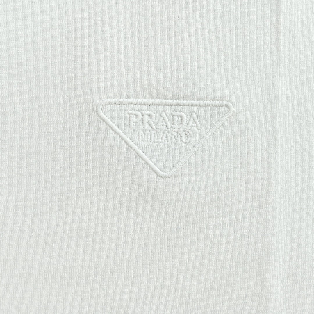 Prada White Triangle Embroidered Stretch Cotton Long-Sleeve T-Shirt