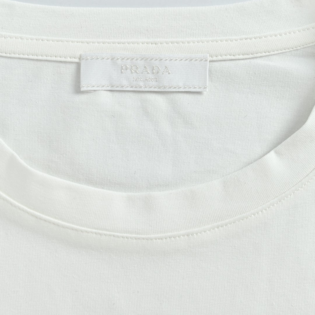 Prada White Triangle Embroidered Stretch Cotton Long-Sleeve T-Shirt