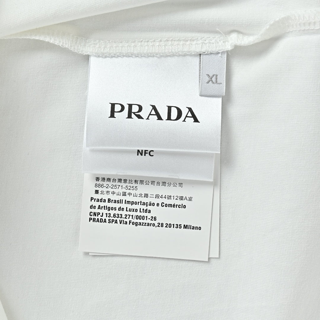 Prada White Triangle Embroidered Stretch Cotton Long-Sleeve T-Shirt