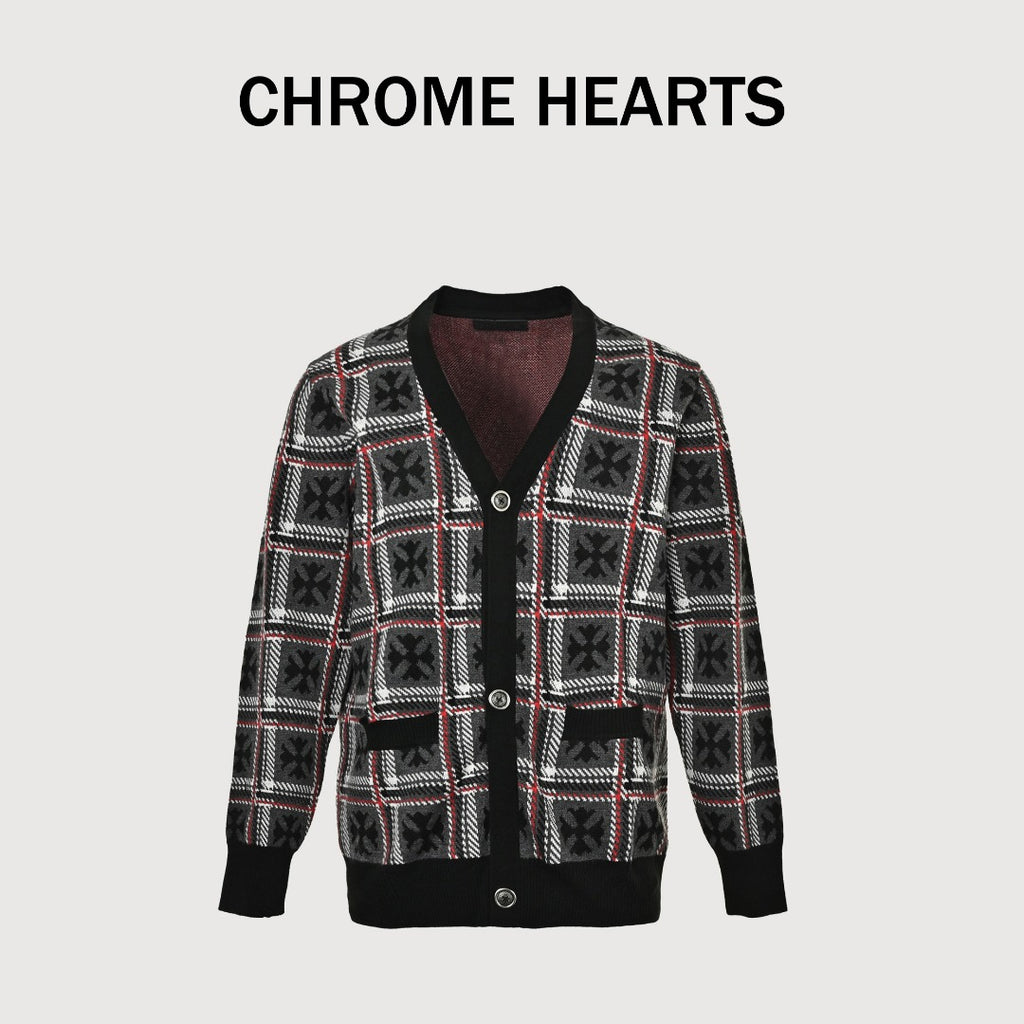 Chrome Hearts Cross-Jacquard Plaid Cashmere Cardigan
