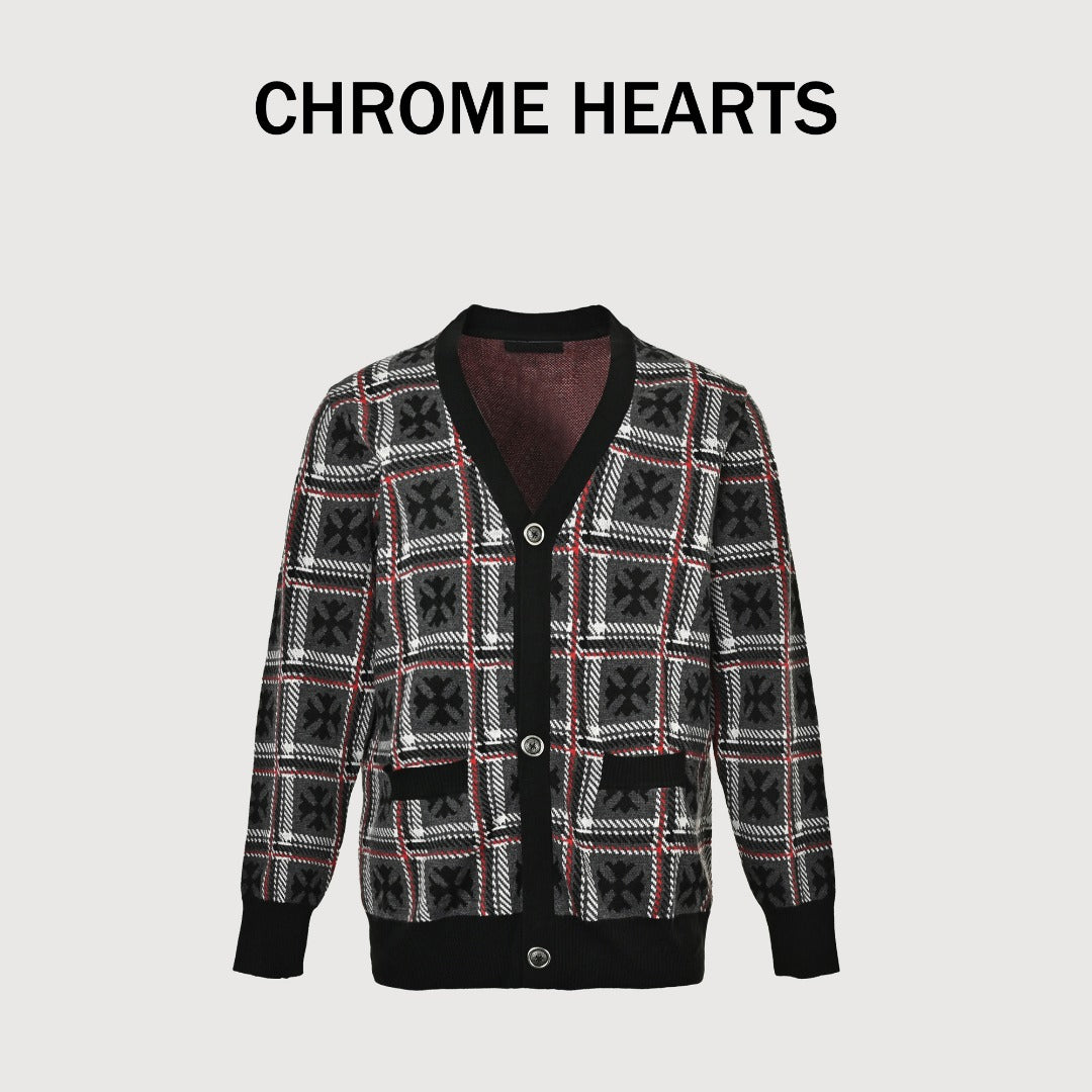 Chrome Hearts Cross-Jacquard Plaid Cashmere Cardigan