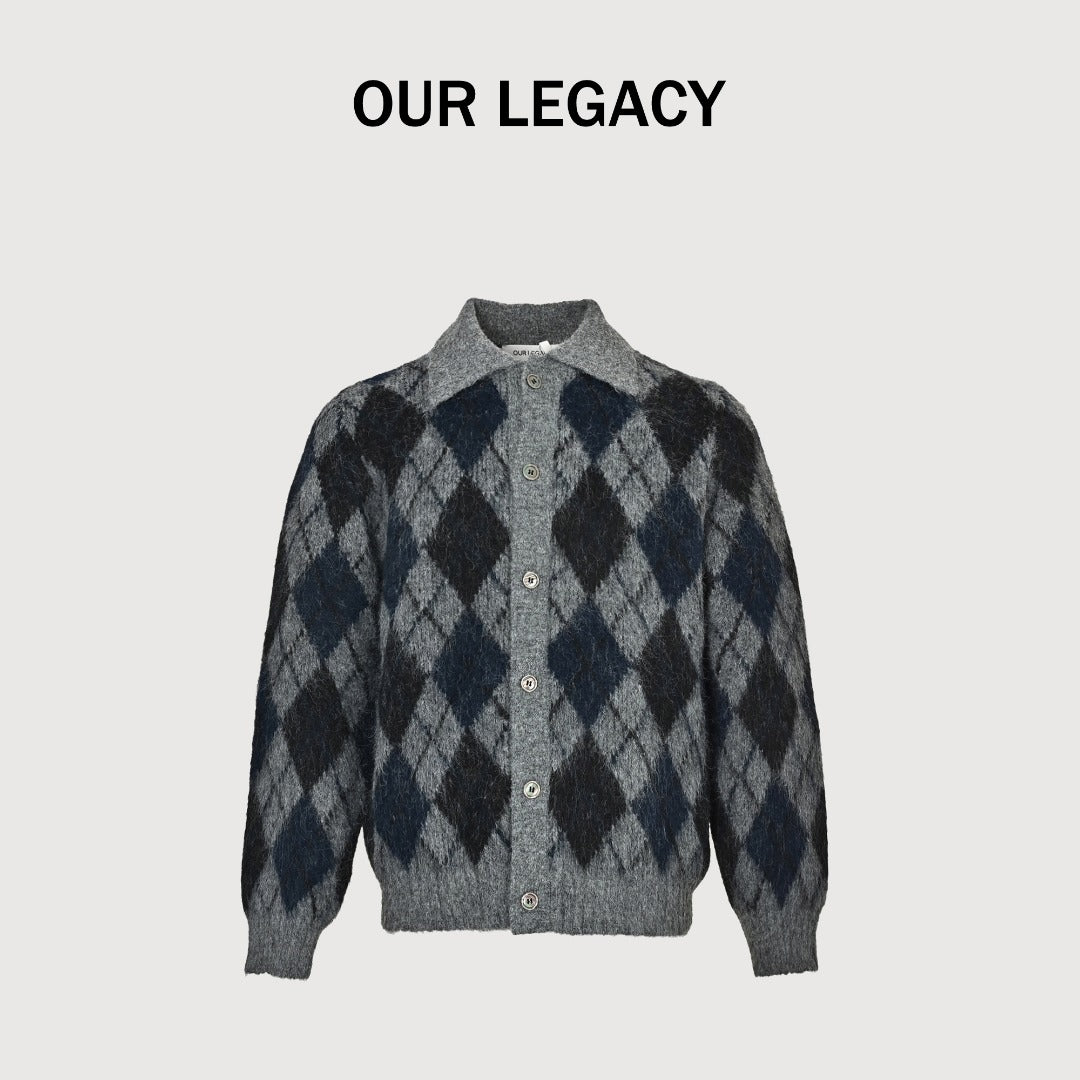 OUR LEGACY Argyle Mohair Cardigan with Collar | Grey