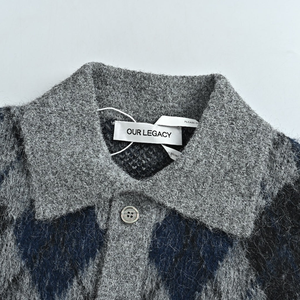 OUR LEGACY Argyle Mohair Cardigan with Collar | Grey