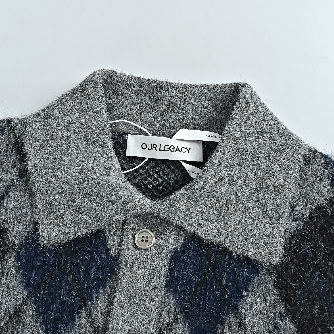 OUR LEGACY Argyle Mohair Cardigan with Collar | Grey