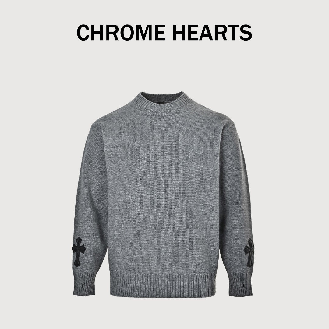 Chrome Hearts Cross Leather-Patch Intarsia Crewneck Sweater | Grey