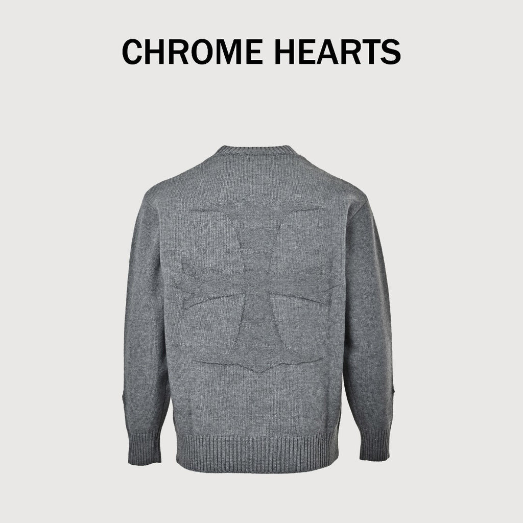 Chrome Hearts Cross Leather-Patch Intarsia Crewneck Sweater | Grey