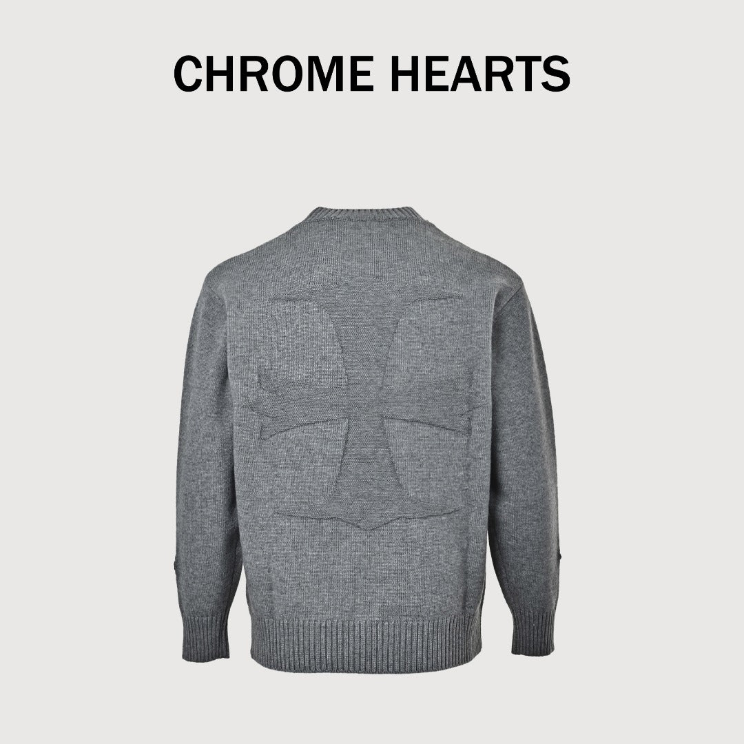 Chrome Hearts Cross Leather-Patch Intarsia Crewneck Sweater | Grey