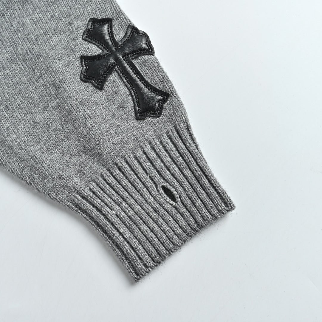 Chrome Hearts Cross Leather-Patch Intarsia Crewneck Sweater | Grey