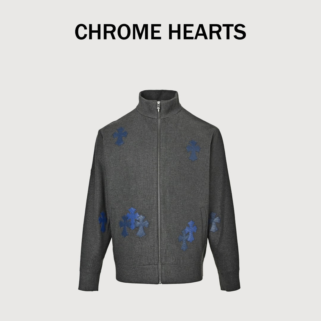 Chrome Hearts Blue Cross Leather-Patch Ribbed Zip Jacket | Charcoal