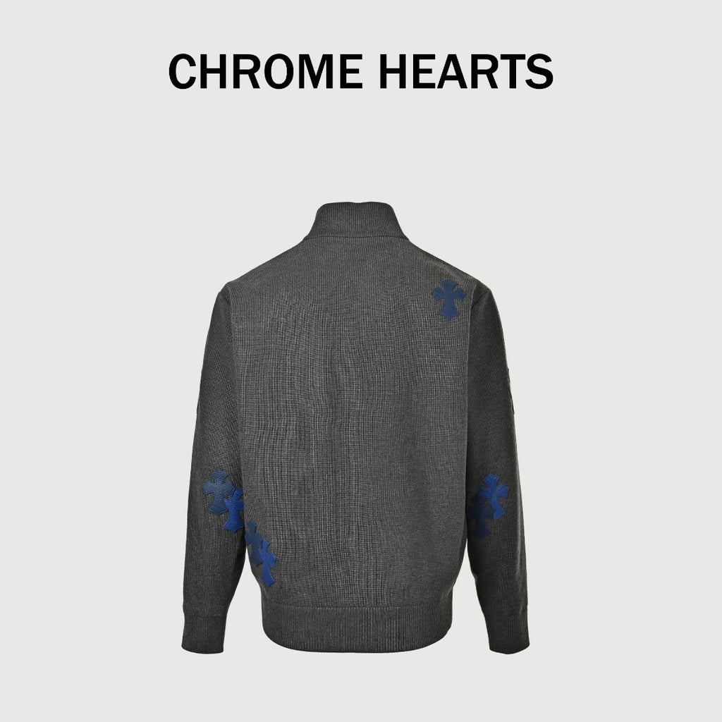 Chrome Hearts Blue Cross Leather-Patch Ribbed Zip Jacket | Charcoal