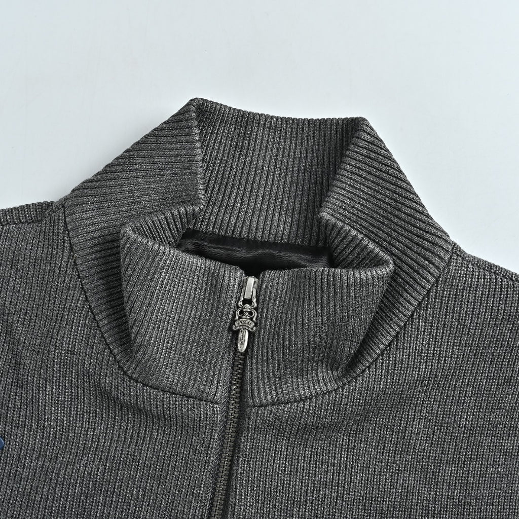 Chrome Hearts Blue Cross Leather-Patch Ribbed Zip Jacket | Charcoal