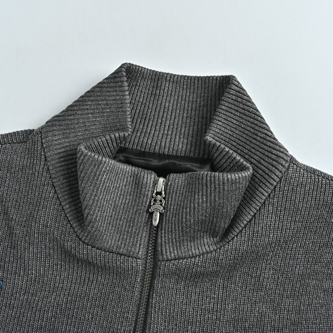 Chrome Hearts Blue Cross Leather-Patch Ribbed Zip Jacket | Charcoal