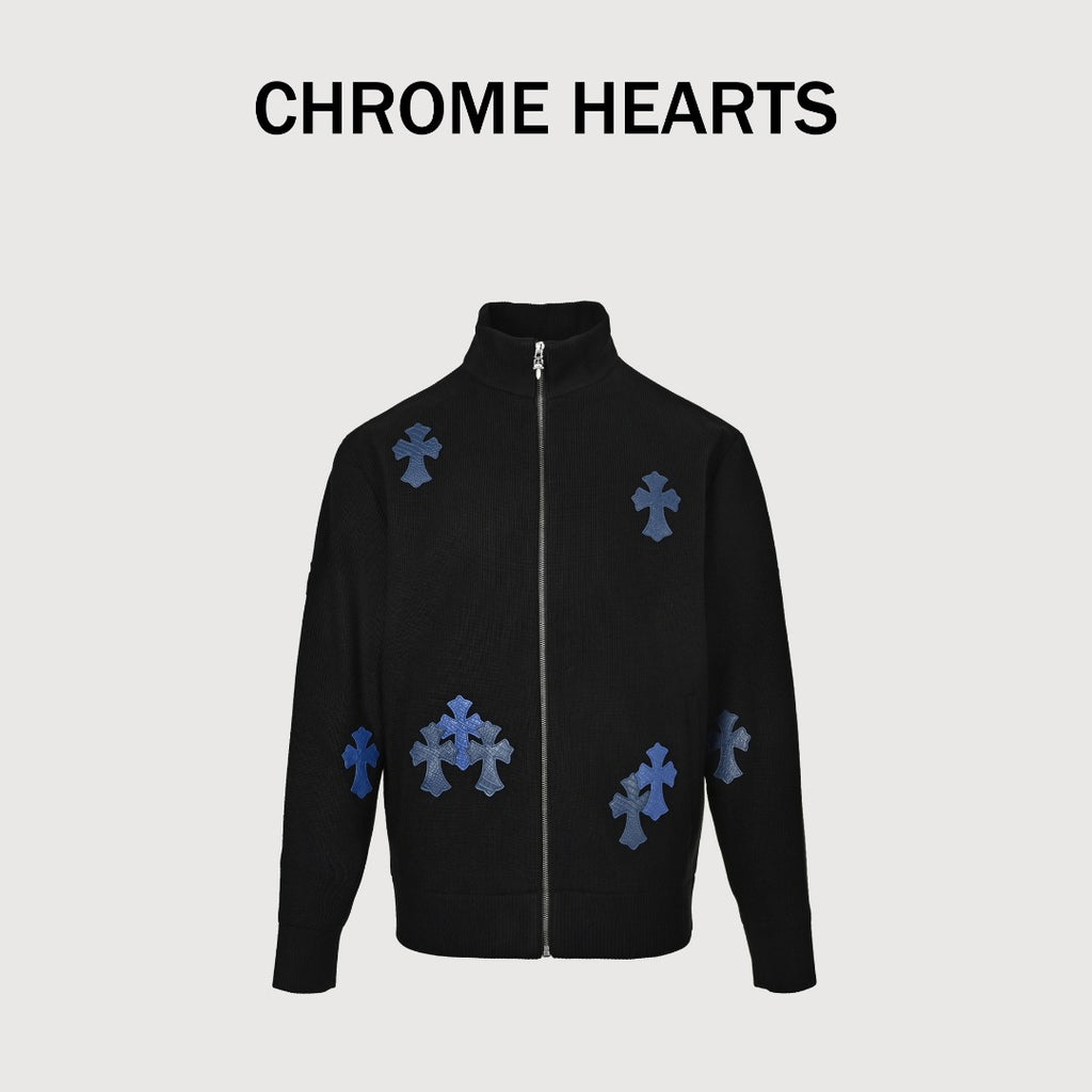Chrome Hearts Blue Cross Leather-Patch Ribbed Zip Jacket | Black