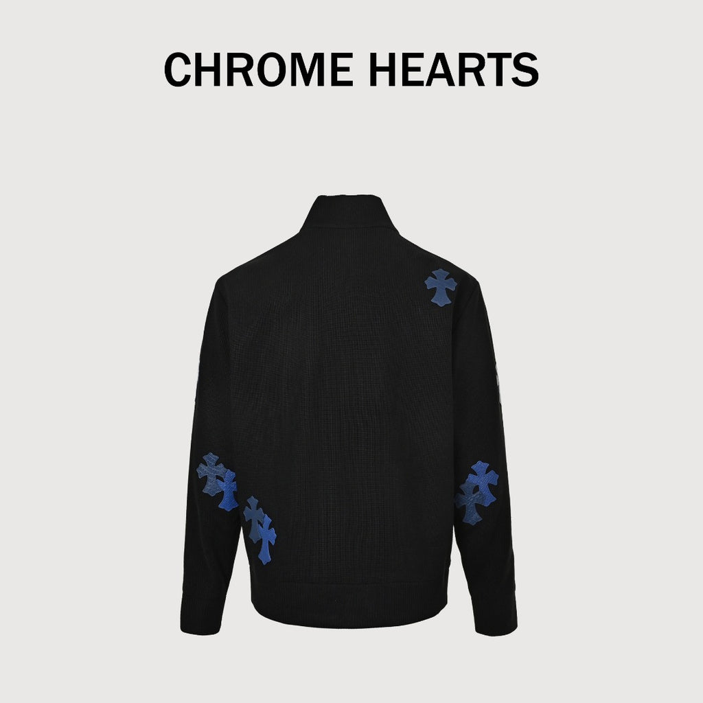 Chrome Hearts Blue Cross Leather-Patch Ribbed Zip Jacket | Black