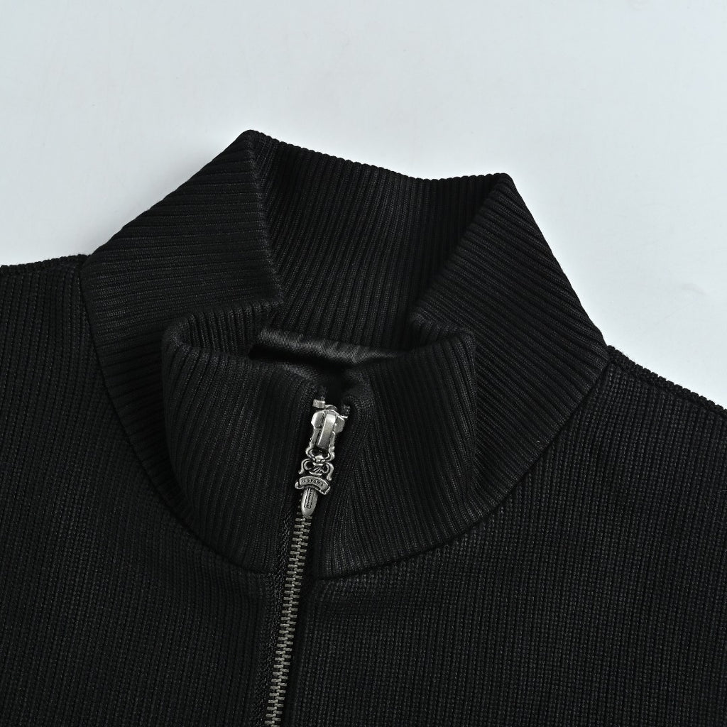 Chrome Hearts Blue Cross Leather-Patch Ribbed Zip Jacket | Black