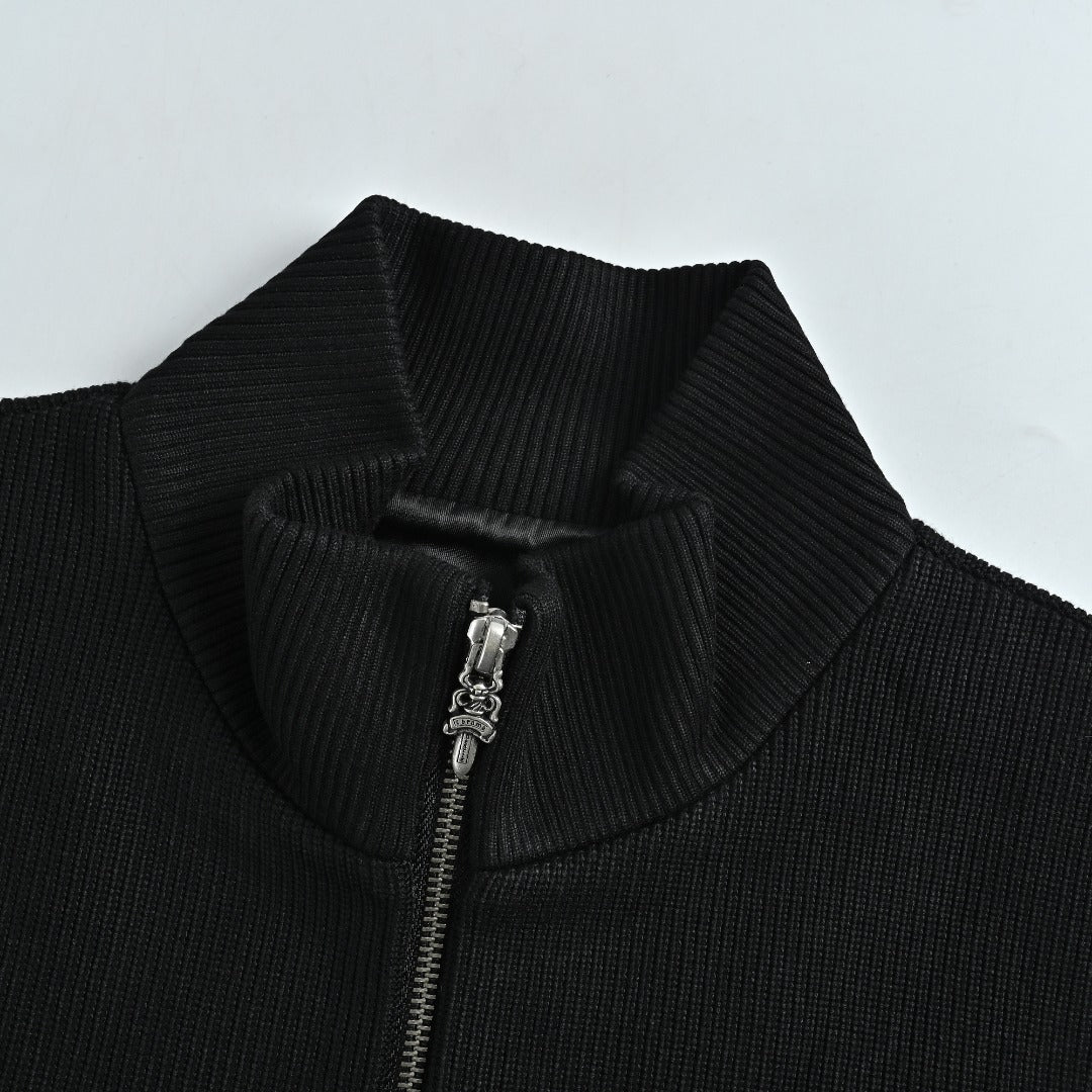 Chrome Hearts Blue Cross Leather-Patch Ribbed Zip Jacket | Black