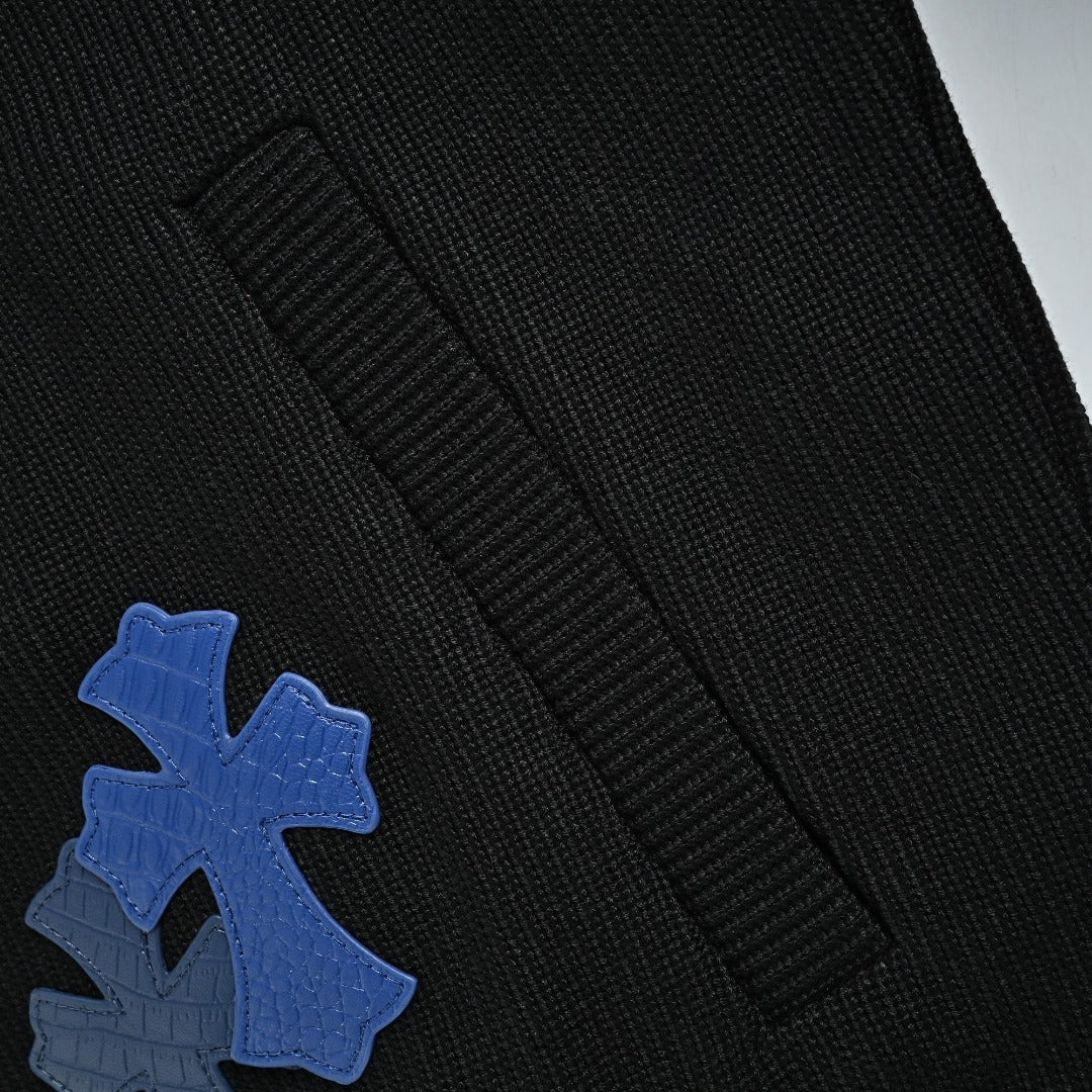 Chrome Hearts Blue Cross Leather-Patch Ribbed Zip Jacket | Black