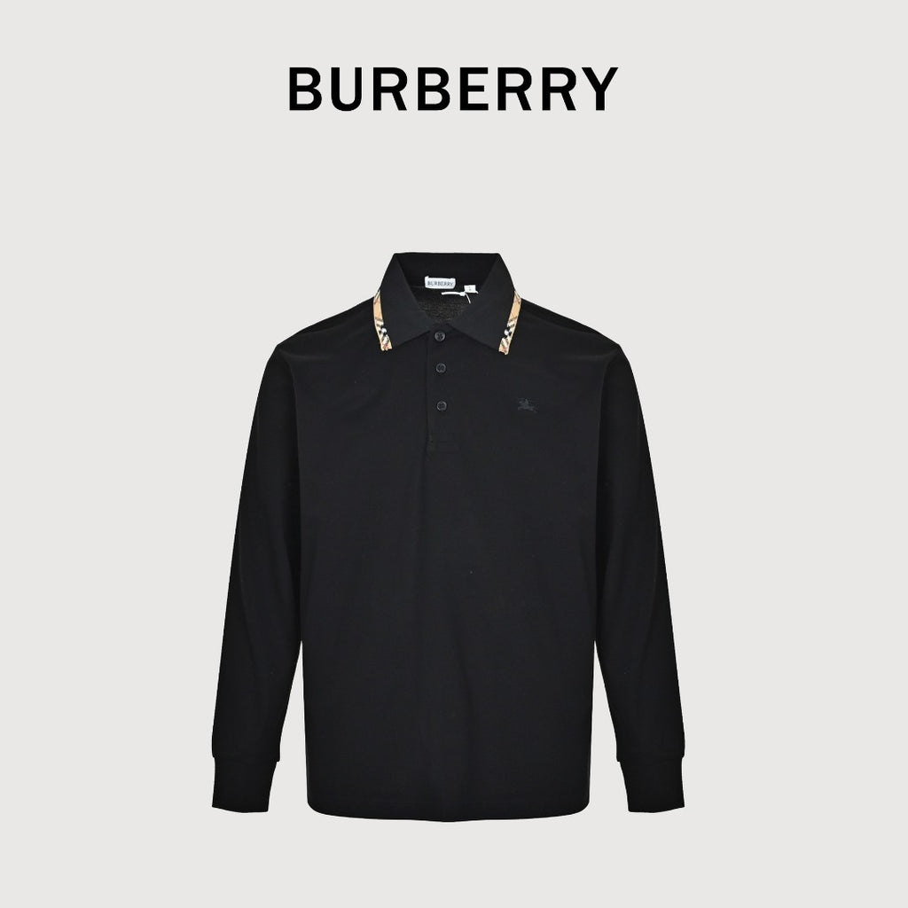 Burberry Check-Collar Long-Sleeve Piqué Polo Shirt | Black