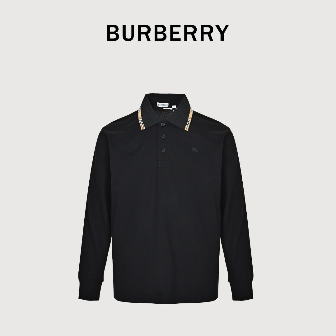 Burberry Check-Collar Long-Sleeve Piqué Polo Shirt | Black