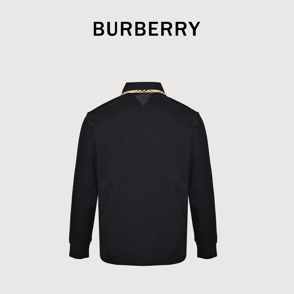 Burberry Check-Collar Long-Sleeve Piqué Polo Shirt | Black