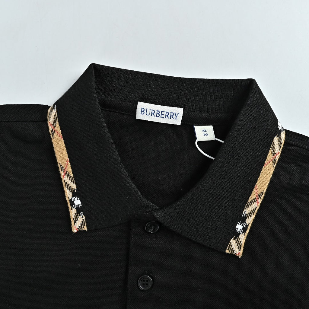 Burberry Check-Collar Long-Sleeve Piqué Polo Shirt | Black