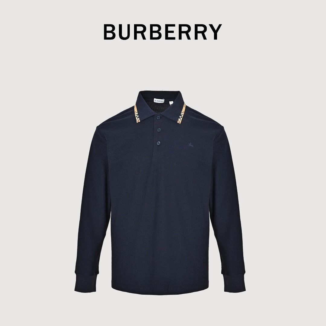 Burberry Check-Collar Long-Sleeve Piqué Polo Shirt | Navy