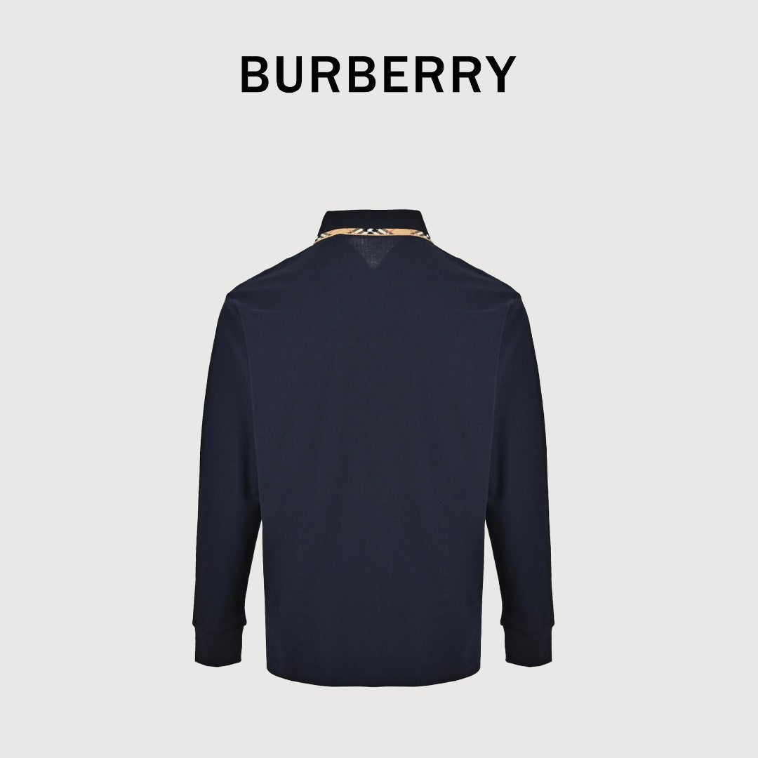 Burberry Check-Collar Long-Sleeve Piqué Polo Shirt | Navy