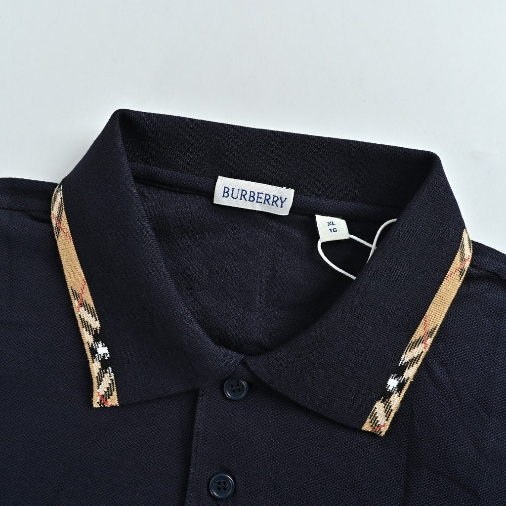 Burberry Check-Collar Long-Sleeve Piqué Polo Shirt | Navy