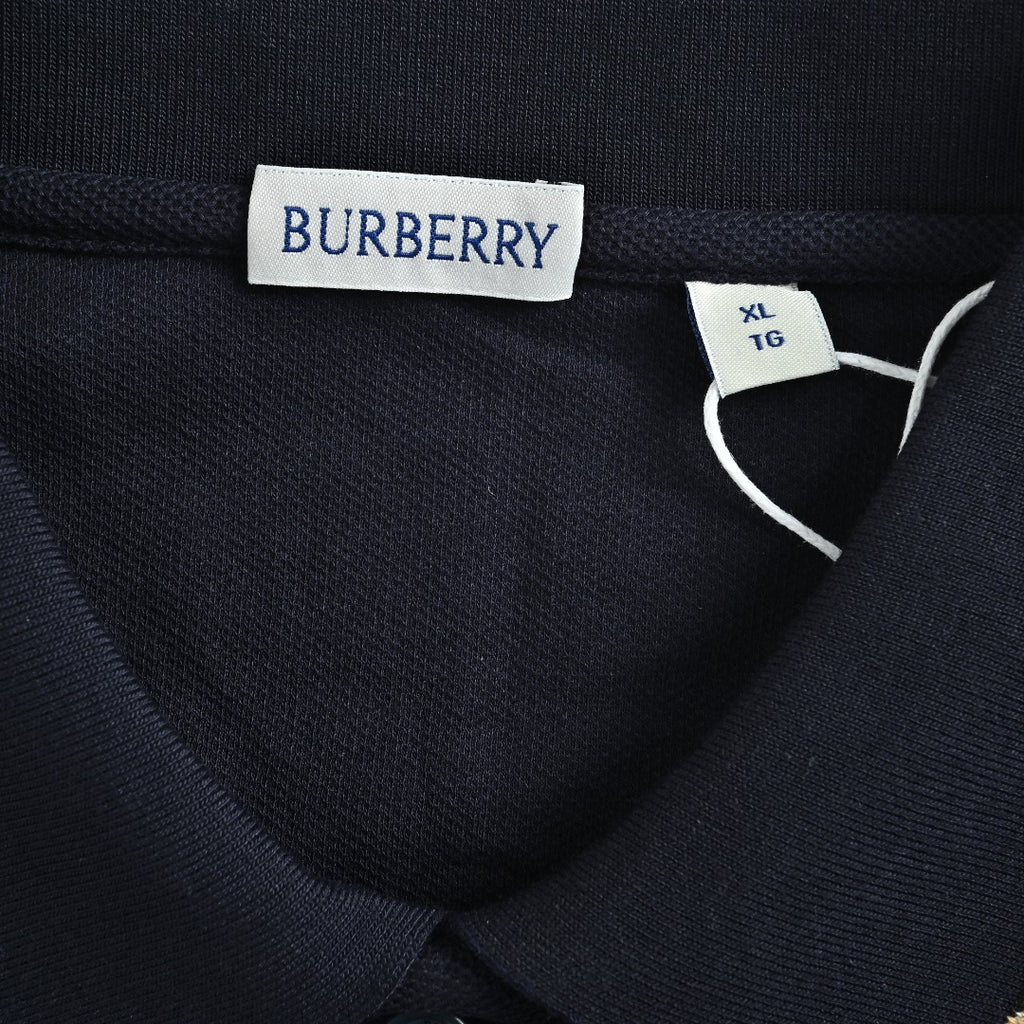 Burberry Check-Collar Long-Sleeve Piqué Polo Shirt | Navy