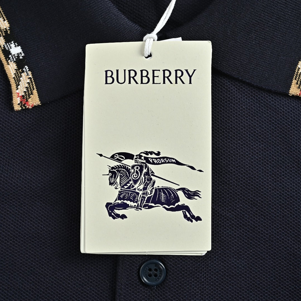 Burberry Check-Collar Long-Sleeve Piqué Polo Shirt | Navy