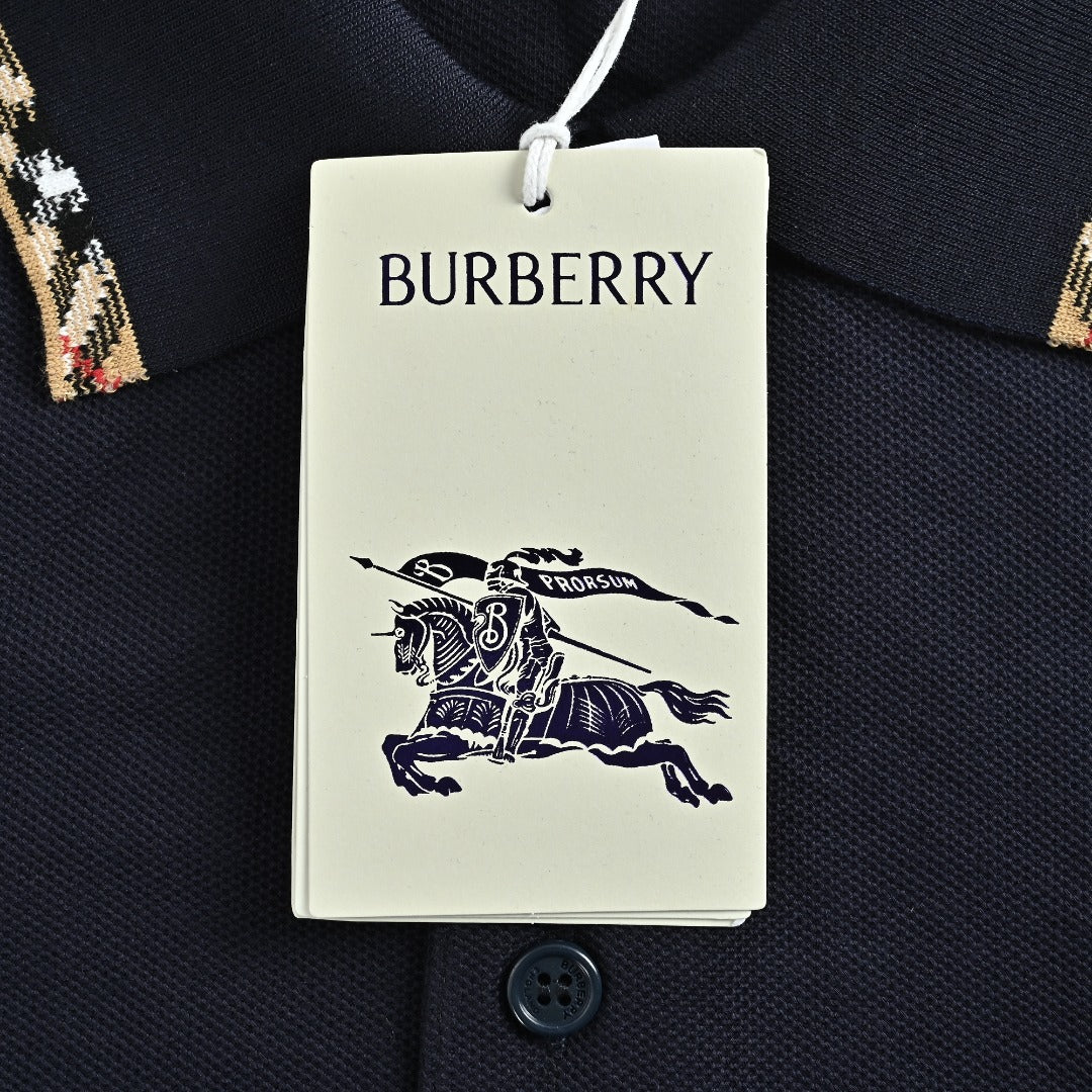 Burberry Check-Collar Long-Sleeve Piqué Polo Shirt | Navy
