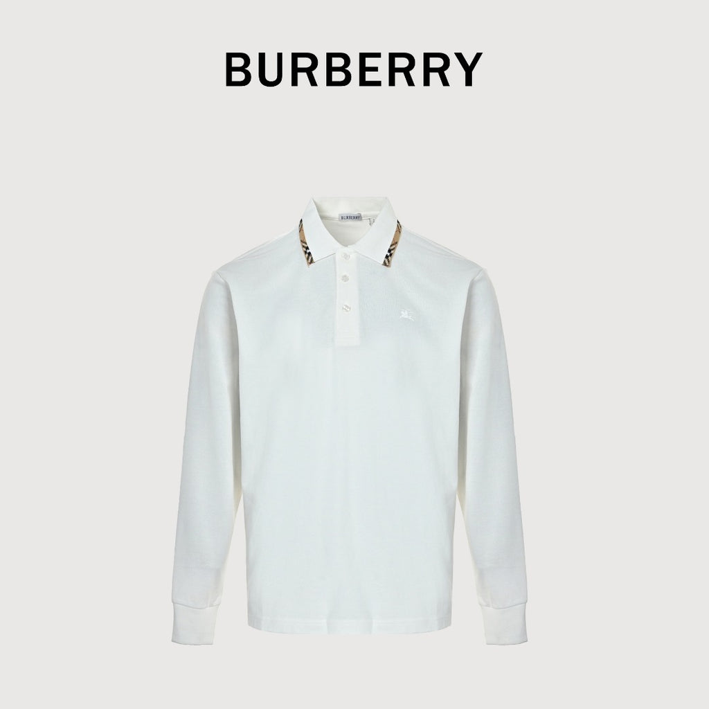 Burberry Check-Collar Long-Sleeve Piqué Polo Shirt | White