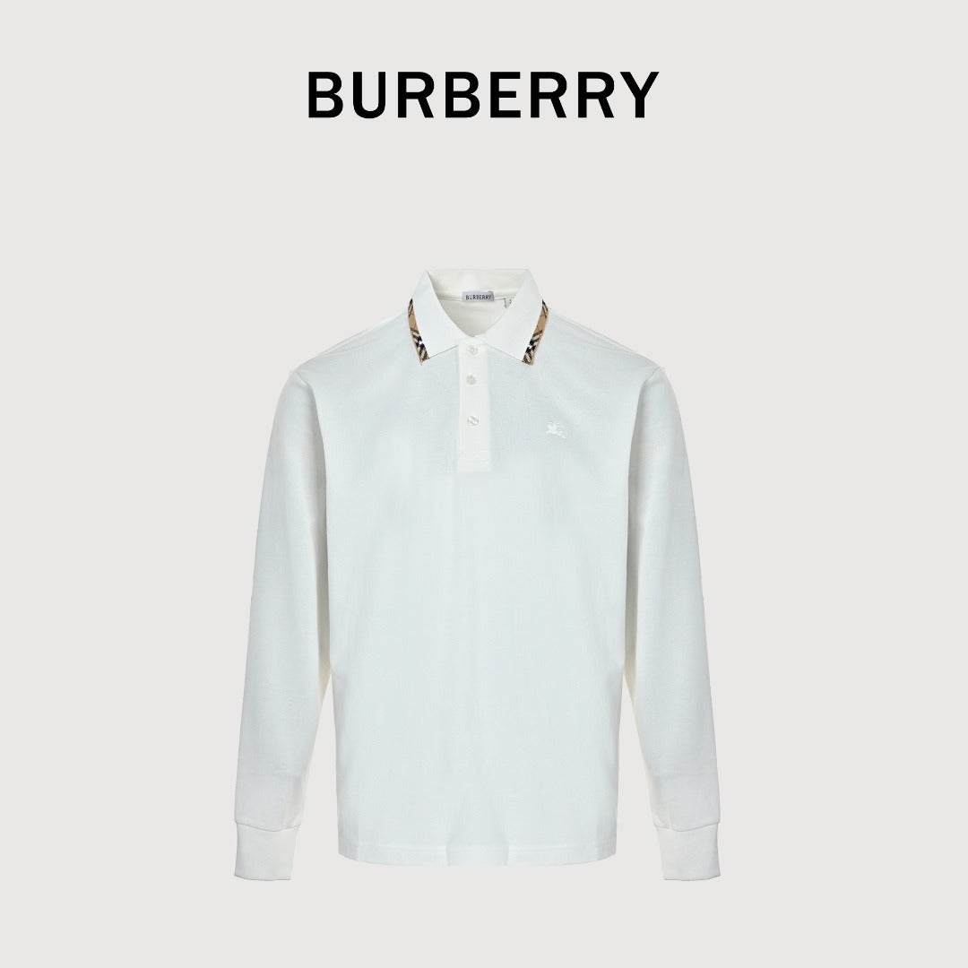 Burberry Check-Collar Long-Sleeve Piqué Polo Shirt | White